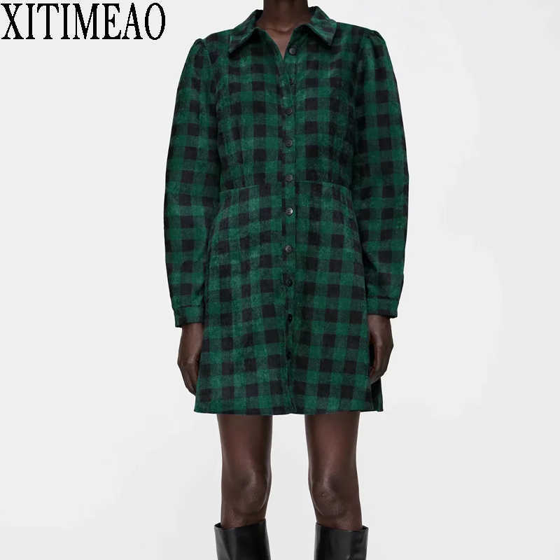 

ZA Women Patchwork Lapel Loose A-line Long Sleeve Corduroy Mini Dress Plaid Female Chic es 210604, Green