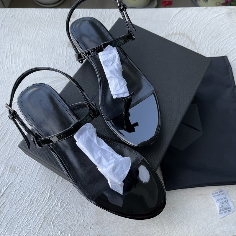 

New arrival designer Flat sandals metal strip Black Patent Leather Women Tribute Real Leather Letter Sandals metal buckle women shoes beach flip flops slides 35-42, Black /black patent
