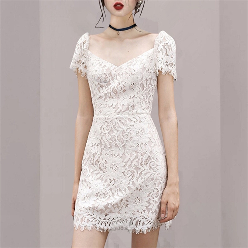 

Fashion Casual Lace Dresses Female Sexy V Neck Short Sleeve High Waist Mini Summer Vestidos 210520, Photo color
