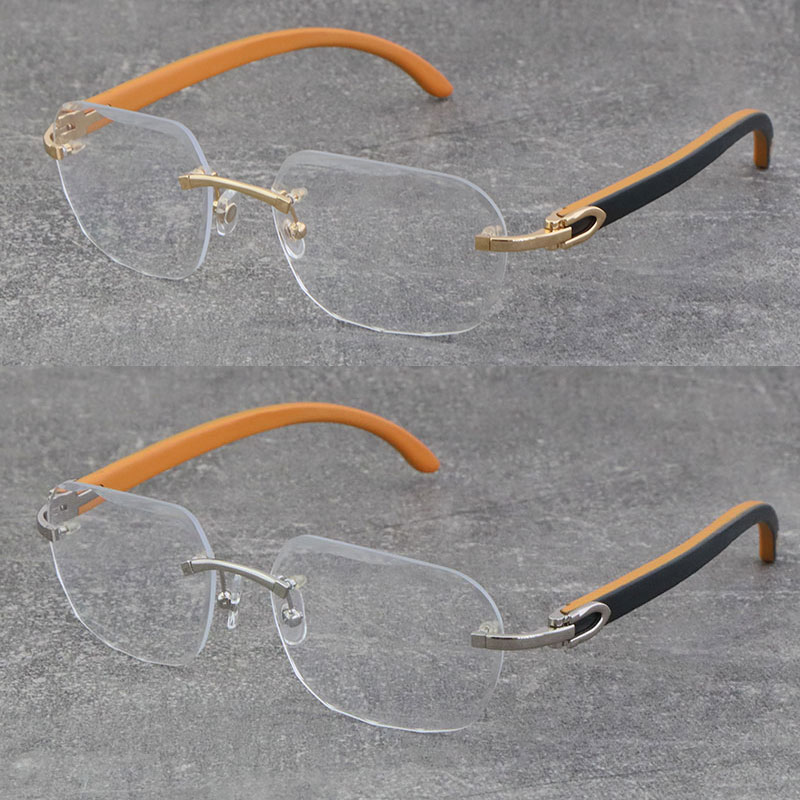 

Wholesale Classic Styles Rimless Metal Frames Optical New Design Black Inside Orange Wooden Eyeglasses 18K Gold Frame 3524012 Glasses Diamond cut Eyewear Size:58