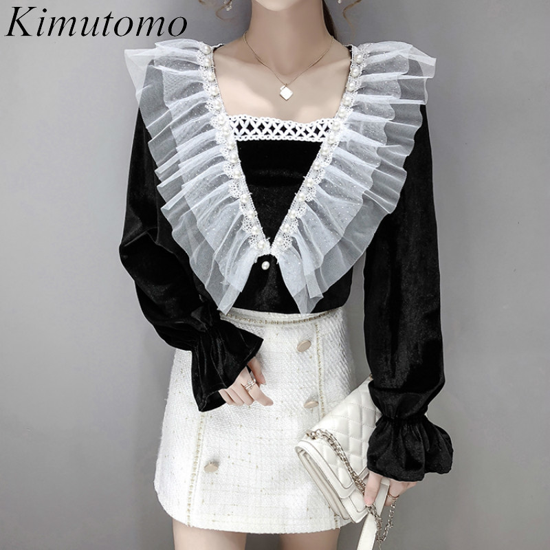 

Kimutomo Casual Beading Patchwork Blouse Women Ruffles V-neck Flare Sleeve Velvet Shirt Spring Autumn Korea Chic 210521, Black