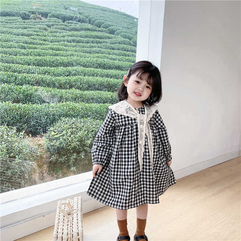 

Spring Baby Girls Retro Plaid Long Sleeve Princess Dress With Cut out Lace Shawl Kids Soft Casual Dresses 210615, Black plaid
