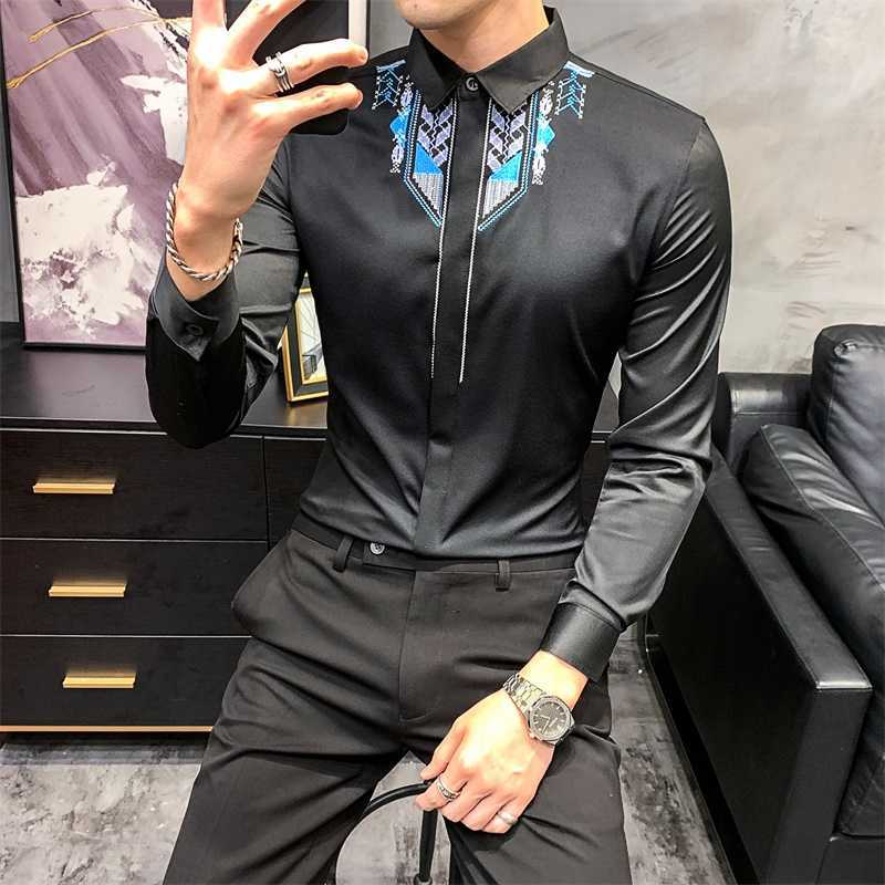 

Ethnic Style Print Men Shirts Slim Fit Casual Shirt Male Long Sleeve Business Dress Clothing Social Party Blouse Chemise Homme 210527, Black