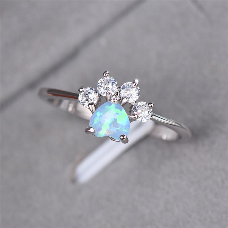 

Wedding Rings Fashion Crystal Cat Dog Claw Ring Cute Female Blue White Heart Opal Dainty Silver Color Thin Engagement For Women