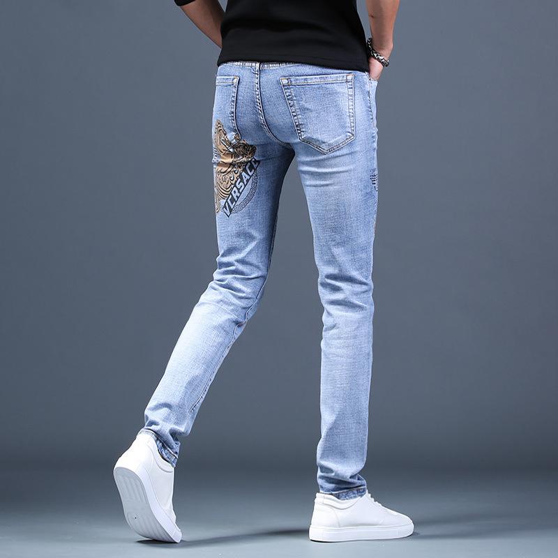 

Men's Jeans Wholesale 2021 Fashion Casual Teenagers Mens Printed Denim Pants Brand Slim Feet Embroidery, Blue