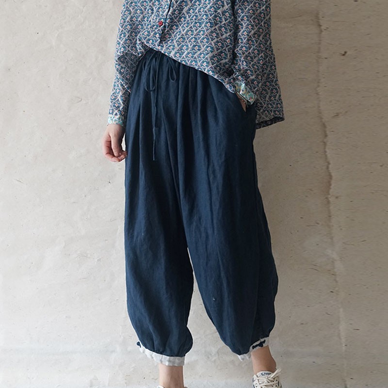

Johnature Cotton Linen Retro Leisure Pockets Elastic Waist Lace Up Harem Pants Autumn 6 Color Women Ankle-length Pants 210521, Dark blue