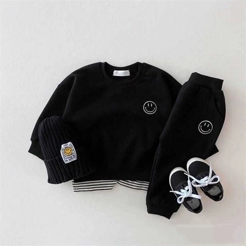 

Baby Long Sleeve Outfits Cute Smiley Embroidered Sweatshirt And Pants 2pcs Suit For Toddler Kids Boys Girls Casual Clothes Sets 220217, Black