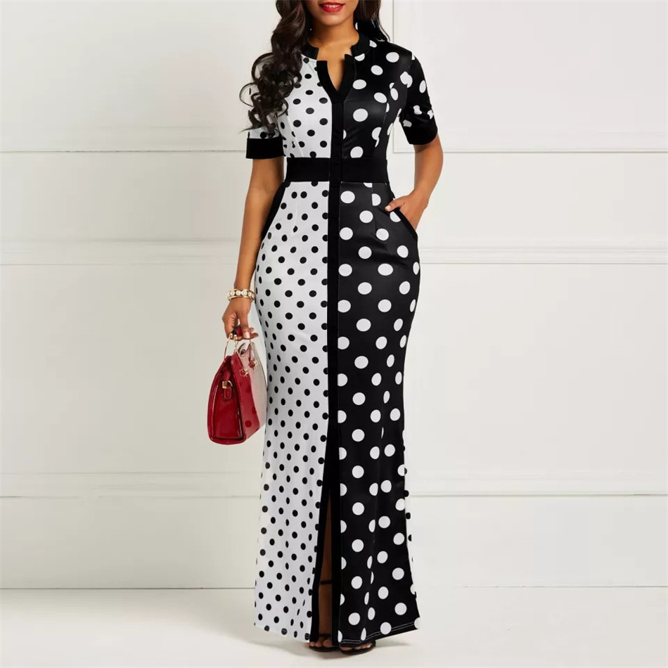 

maxi Dress NZ19.11-723 Polka Dot White Black Printed Retro Bodycon Women Summer Short Sleeve Plus Size Long African Dress Vintage, Black white