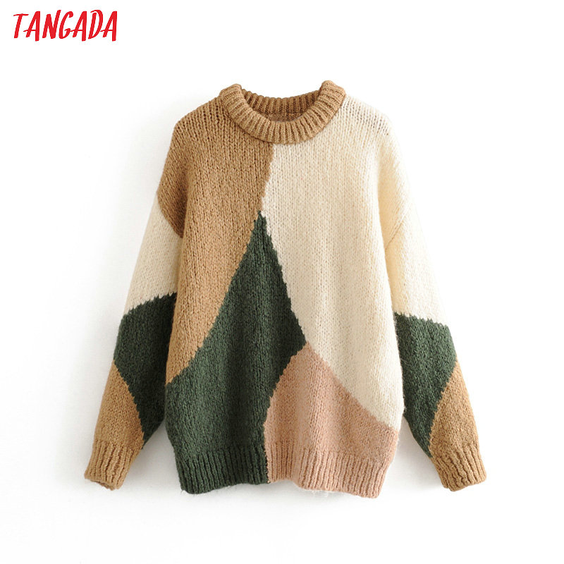 

Tangada korea chic women color block sweater vintage ladies oversized soft knitted jumper tops 3H230, Multi
