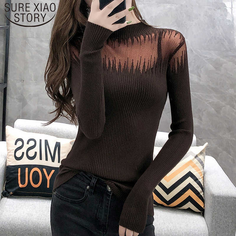 

Winter Knitted Hollow Women Sweaters Autumn Thickened Sexy Long Sleeve Solid Turtleneck Pullover Bottom Shirts 7558 50 210527, Dark brown