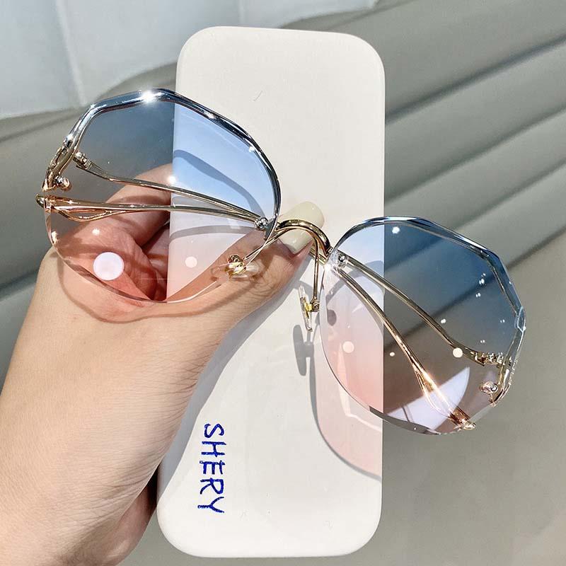 

Sunglasses 2021 Fashion Tea Gradient Women Ocean Water Cut Trimmed Lens Metal Curved Temples Sun Glasses Female UV400