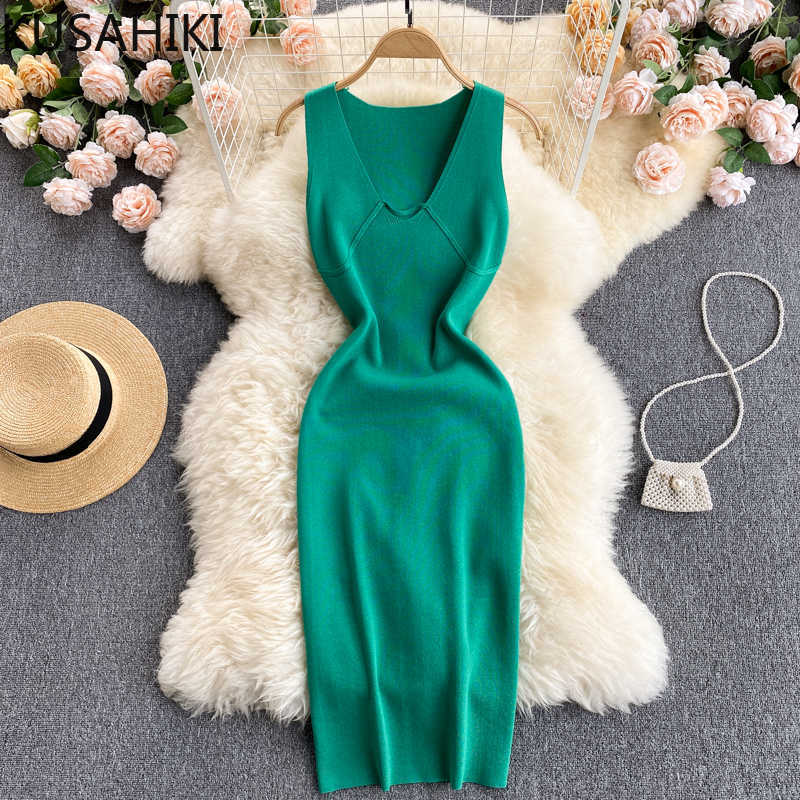 

KUSAHIKI Summer Knitted Bodycorn Dresses Korean V-neck Sleeveless Woman Tank Dress Sexy Slim Sweater Vestidos 6J362 210602, Green