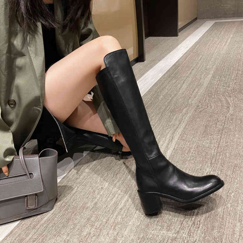 

Boots style winter round head high heels Plush thick knee boots women WCQE, Black
