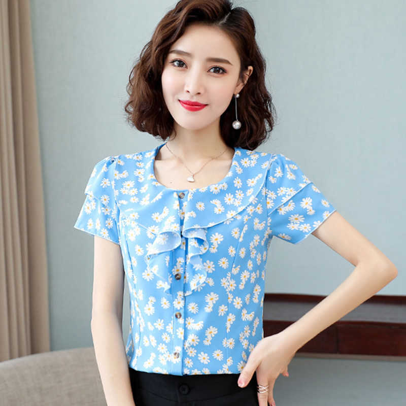 

Korean Women Blouses Chiffon Woman Print Shirt Flower Tops Plus Size Ladies Ruffles Floral 5XL 210604, Blue