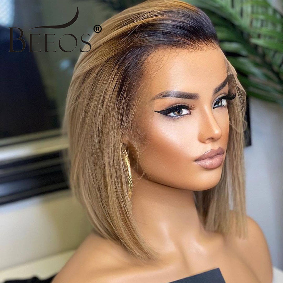 

beeos 180 134 deep part lace front human hair wig straight bob short ombre ash blonde hair pre plucked brazilian remy hair, As the picture shows