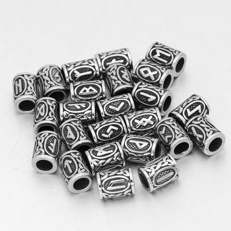 Pendant Necklaces 24 Pcs Stainlesss Steel Hair Beard Bead Dwarvish Viking Rune Beads For Bracelet Necklace With Valknut Gift Bag-image-706438011