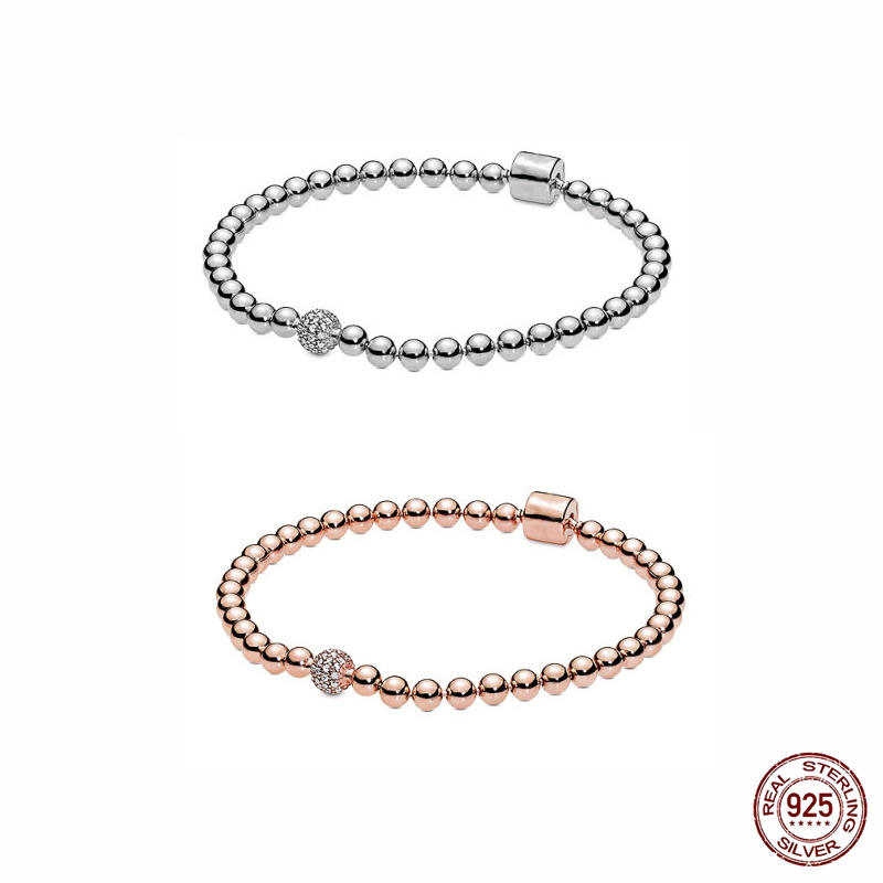 

Sterling Silver Fit Original Pandora Charm Bracelets Rose Gold Beads Dense Style Simple DIY Foundation Bead Bracelet, Golden;silver