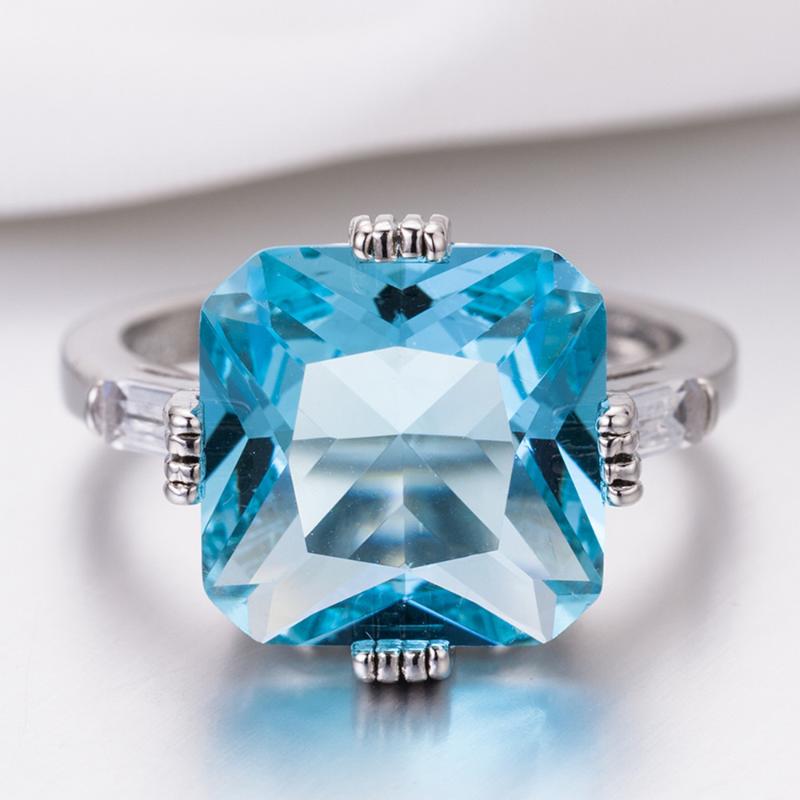 

Wedding Rings Selling Inlaid Shallow Sea Blue Square Big Stone American Women Engagement Princess Silver Plated Ring