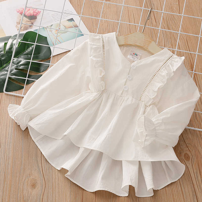 

Spring Autumn Fashion 2 3 4 6 8 10 Years Kids Cute Long Trumpet Sleeve V-Neck Cotton White Blouse Shirts For Baby Girls 210701