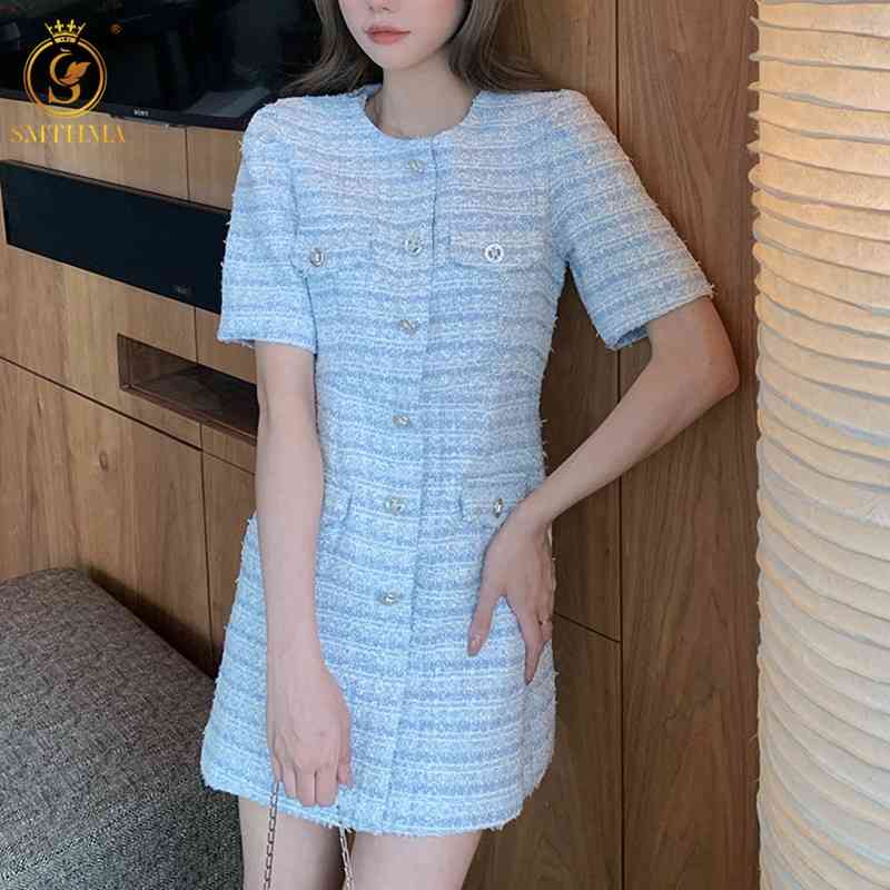 

Women Summer Tweed Office Party Dresses Arrival Fashion Vintage Dress Robe Femme Vestidos 210520, Photo color