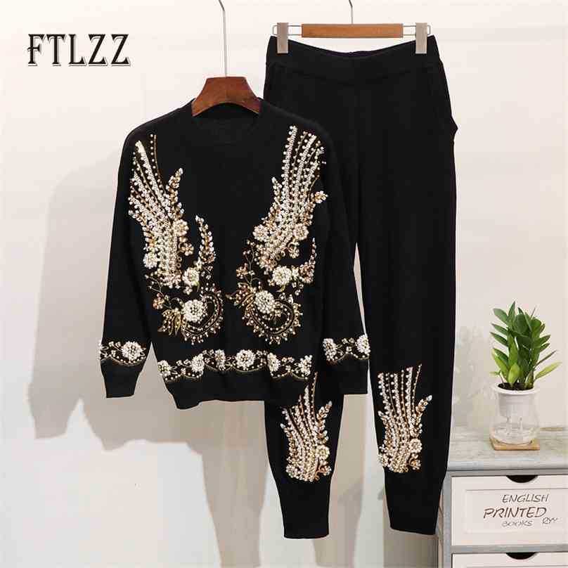 

Fashion Woman Tracksuit Autumn Winter Two Piece Set Vintage Beaded Embroidery Sweater Top + Pants Knitted Sportsuits 210525