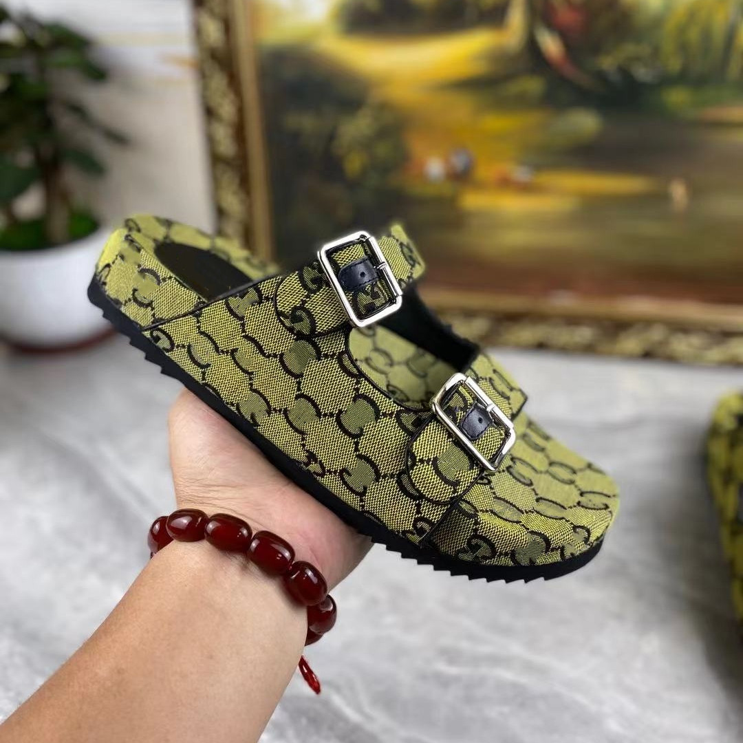 

2021 Classic Casual Canvas Slippers Classic All-match Women' Printed Letters Metal Buckle Slippers, Black;grey