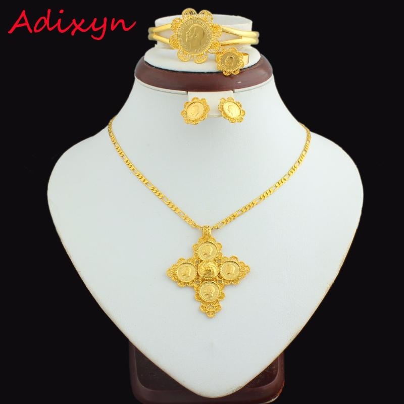 

Earrings & Necklace Est Ethiopian 5pcs Coin Cross Wedding Jewelry Sets 24K Gold Color Bridal Romantic Habesha For Women Gifts, As pic