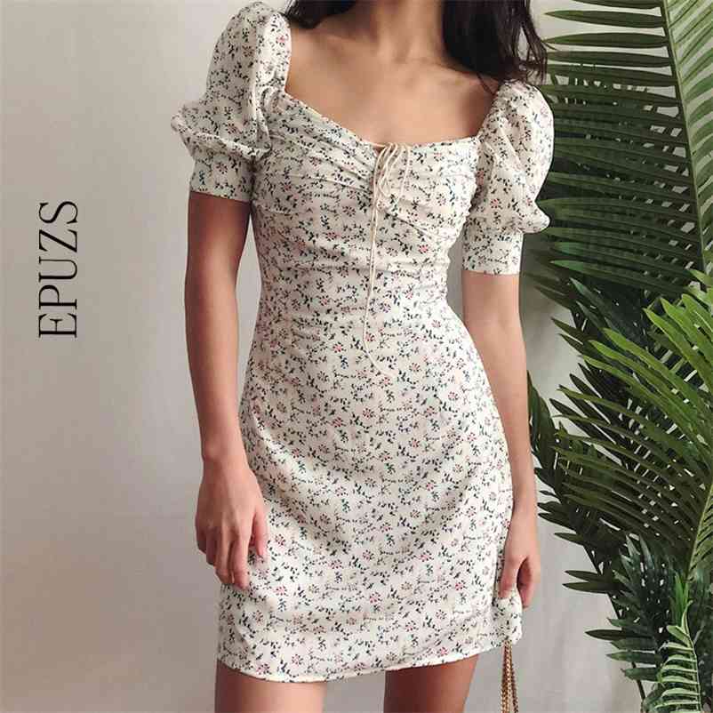 

Summer Dress Retro Boho Women Tie Neck Floral Print Mini Sexy White Puff Sleeve Korean Vestidos 210521