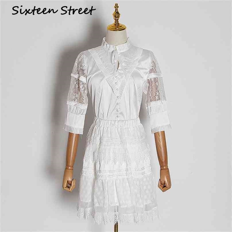 

Fashion Woman 2 piece sets Lace single-breasted shirts and elastic waist skirt spring summer party elegant 2 set 210603, Black