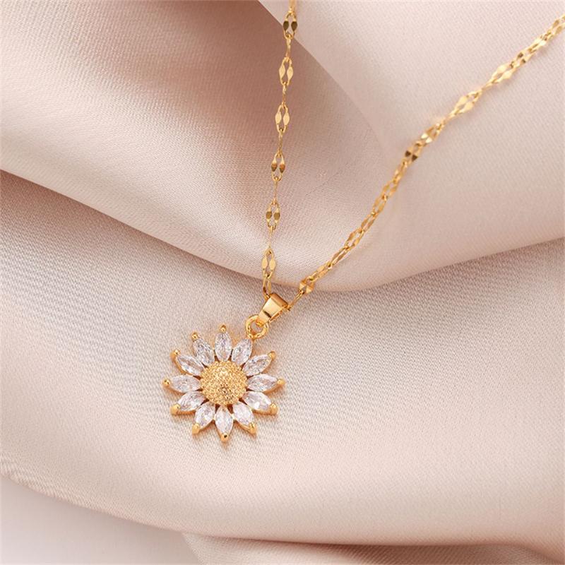 

Chains Shiny Crystal Mom Gifts Titanium Steel Boho Jewelry Sunflower Necklace Zircon Pendant Choker, Silver