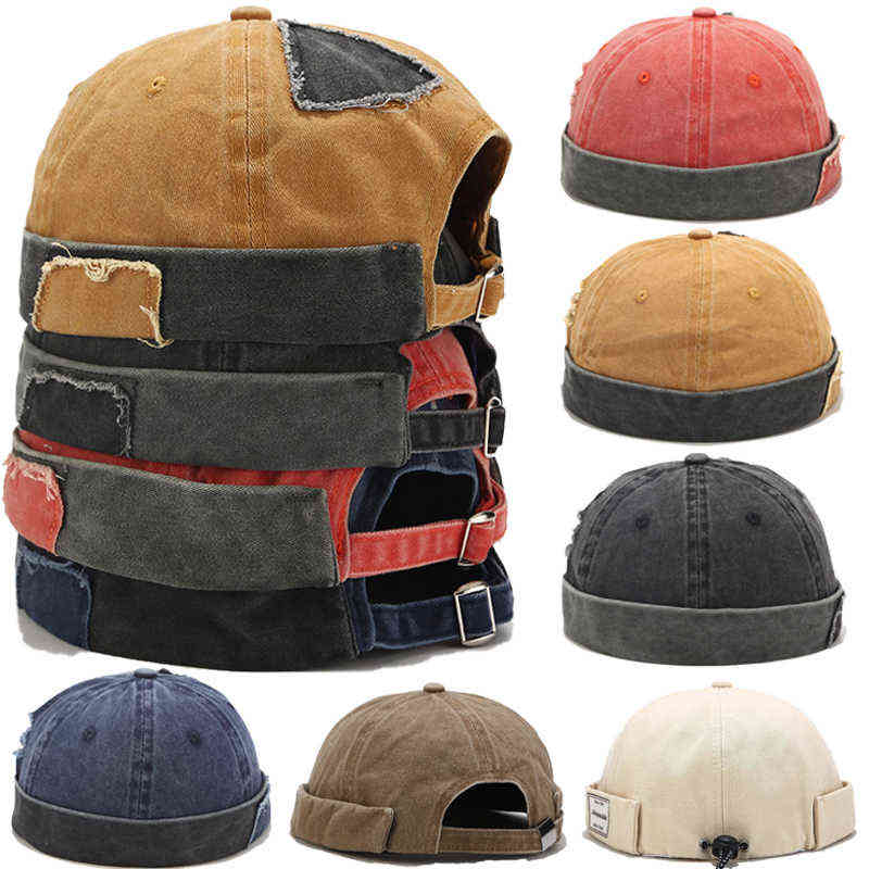 Vintage Dome Hat Mens Solid Color Landlord Beanies For Men Crimping Docker Sailor Cotton Brimless Skull Cap Casual Hip Hop Caps Y21111