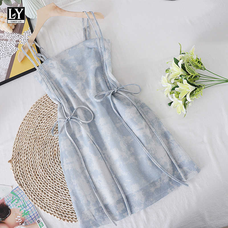 

LY VAREY LIN Summer Women Sexy Party Slim Flimsy Bow Mini Dresses Casual Tie-dyed High Waist Short Suspender Dress Female 210526, Blue