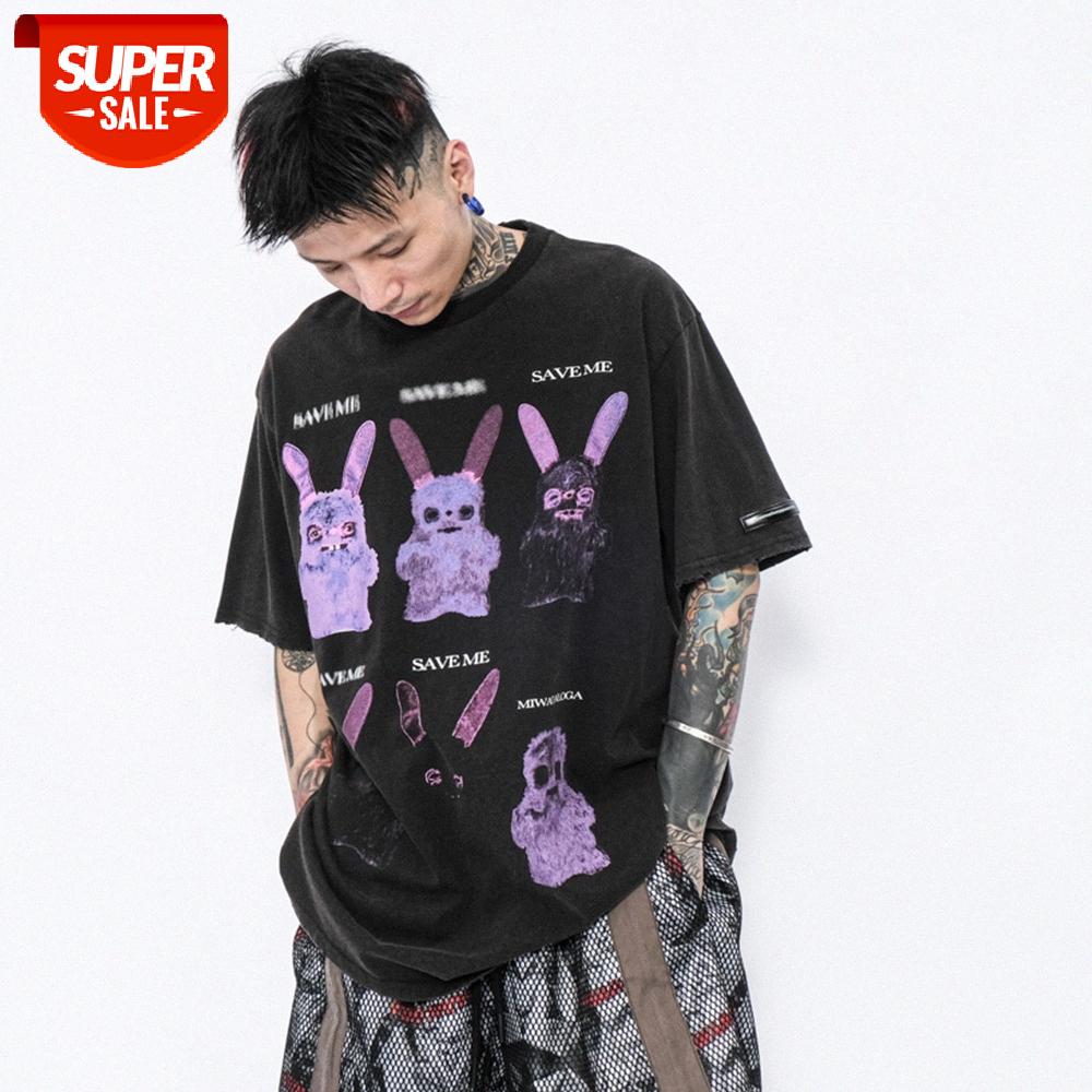

Funeral rabbit print short-sleeved T-shirt men's dark wind loose round neck five-point sleeve half #NW97, White;black