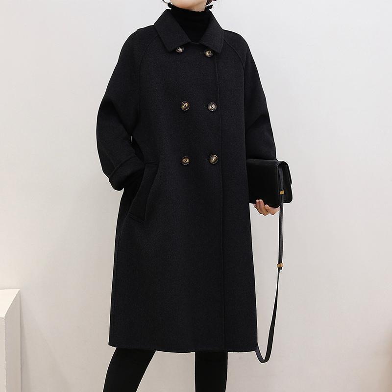 

Women' Wool & Blends Autumn Double-faced Woolen Coat Vintage Black Long Double Breasted Jackets High Quality Casaco Feminino Gmm102