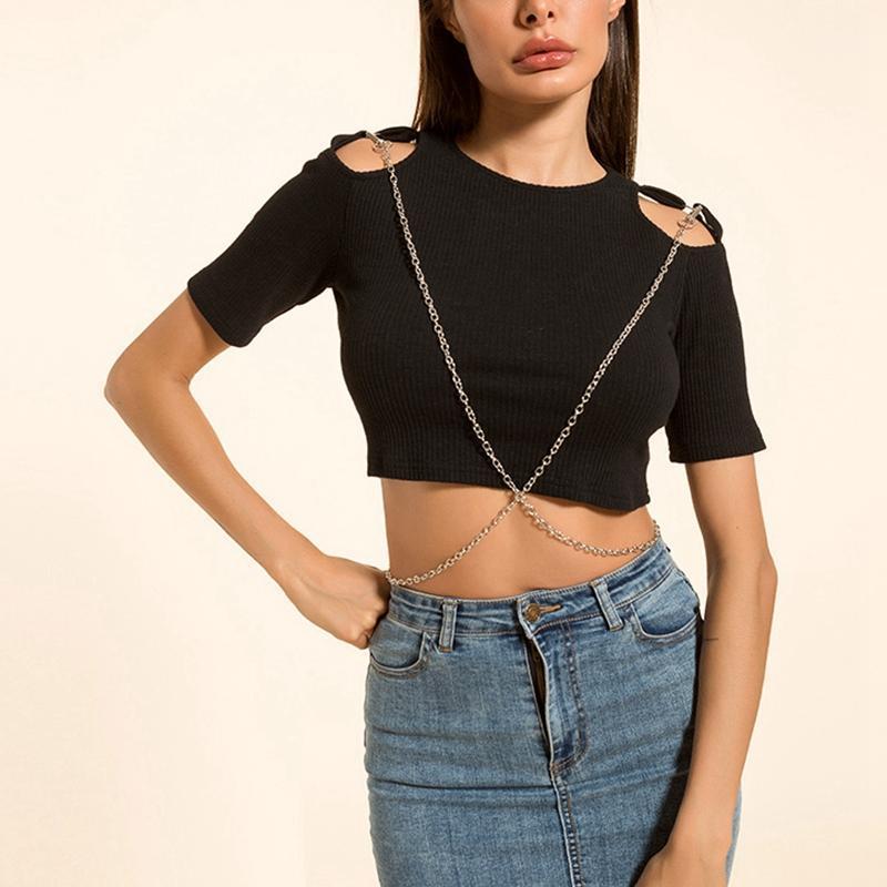 

Women' Fashion Solid Color Hollow Sexy Chain Navel Slim Short T-Shirt Tops Black