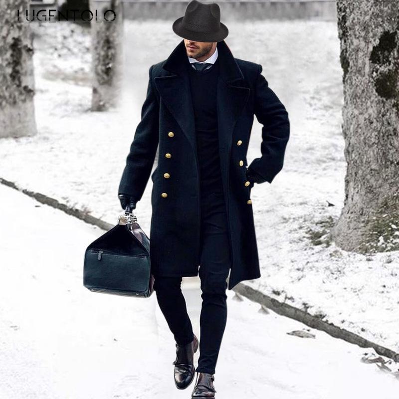 

Men's Trench Coats Lugentolo Autumn Men Loose Lapel Long Sleeve Solid Navy Coat Double Breasted Casual Street Versatile Jackets, Tan;black