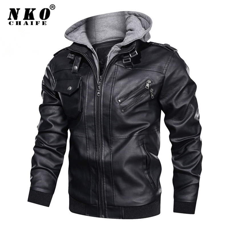 

CHAIFENKO Men Brand Winter Leather Jacket Coat Fashion Hooded Motorcycle PU Casual Biker Faux s 211111, Red