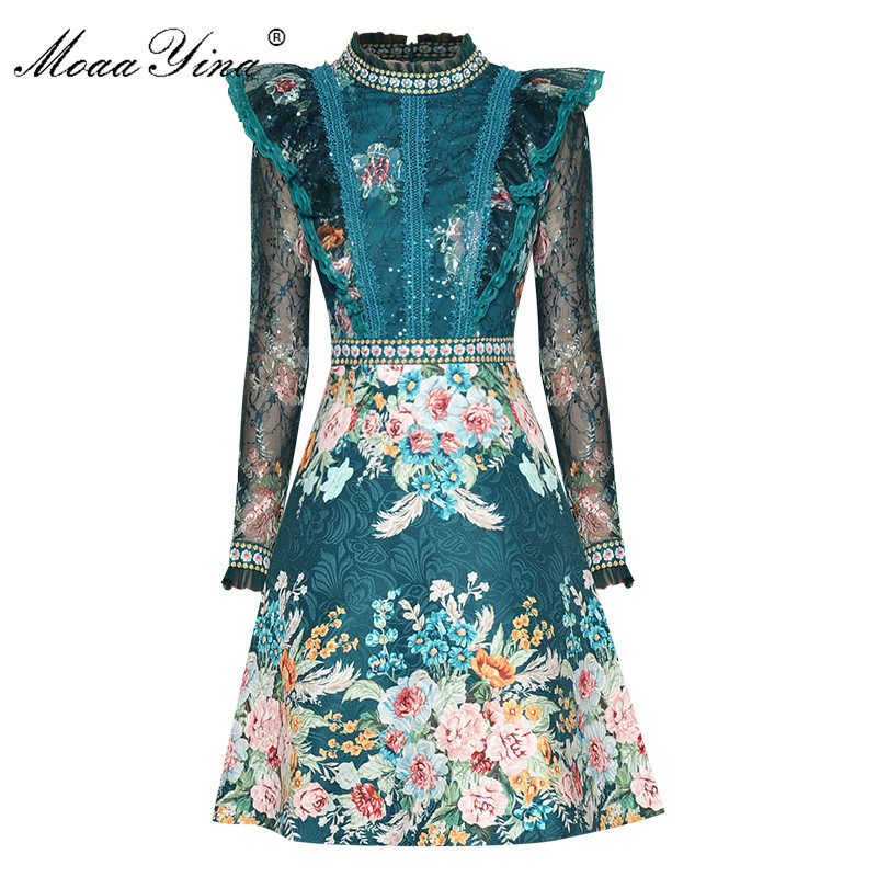 

Fashion Designer dress Spring Women's Dress Crystal Sequins Mesh Long sleeve Ruffles Floral Print Elegant Dresses 210524, Green