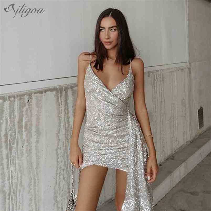 

Latest Women' Summer Sexy V-Neck Sleeveless Strapless Mesh Silver Sequin Designer Celebrity Party Dress 210525