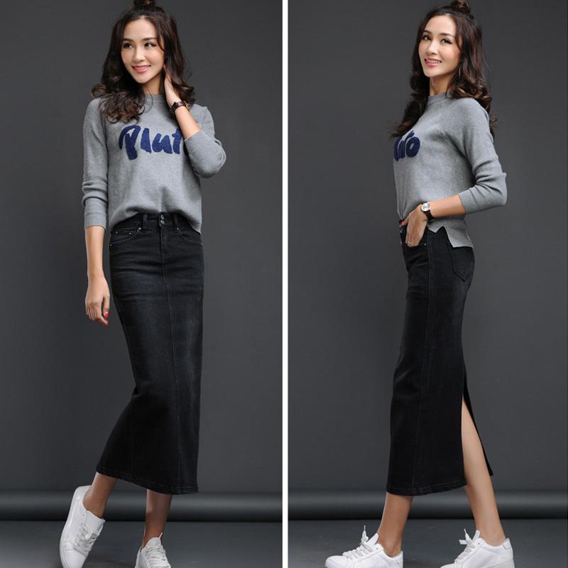 

Skirts 2021 Denim Skirt Women Plus Size Casual High Waist Pencil Patchwork Stretch Slim Hip Split Long Jean