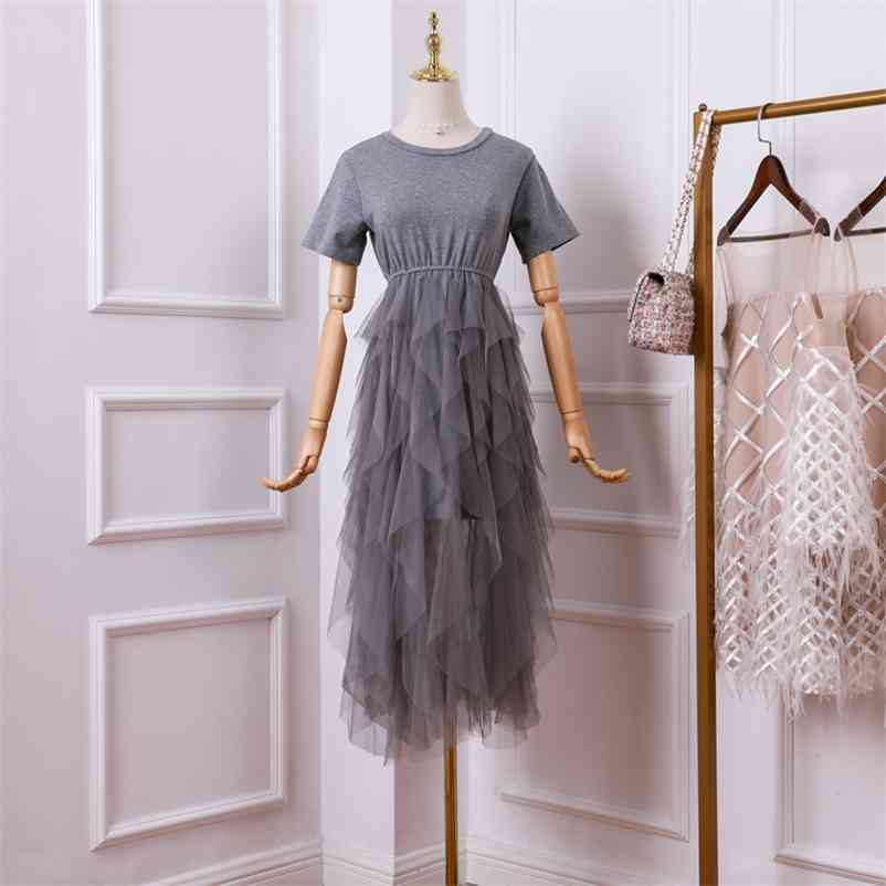 

Summer Women Short Sleeves ONeck Beautiful Casual High Waist Patchwork Mesh Dress Female Dresses A913 210519, Black