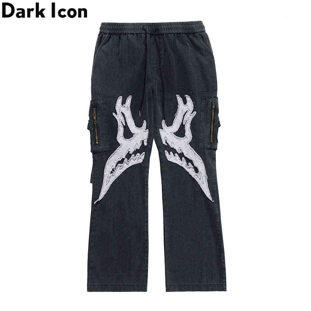 

Patched Side Pockets Cargo Flare Pants Men Women Elastic Waist Street Fashion Men's Pants 210603, White