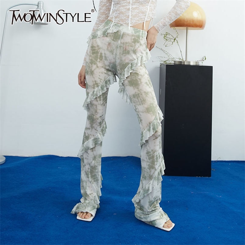 

Tie Dye Print Flare Pants For Women High Waist Patchwork Ruffle Slim Trousers Female Fashion Clothing Spring 210521, Armygreen