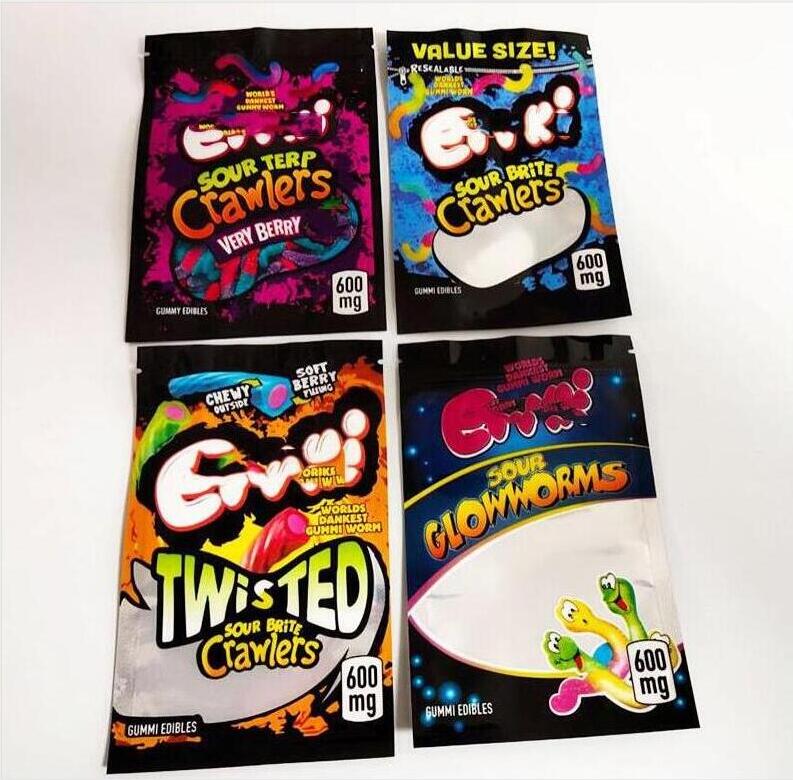 

420 Errlli edibles packaging mylar bags for gummi brite crawlers Package Bag terp Very berry Twist clow worms gum wonk ank edible myla packages