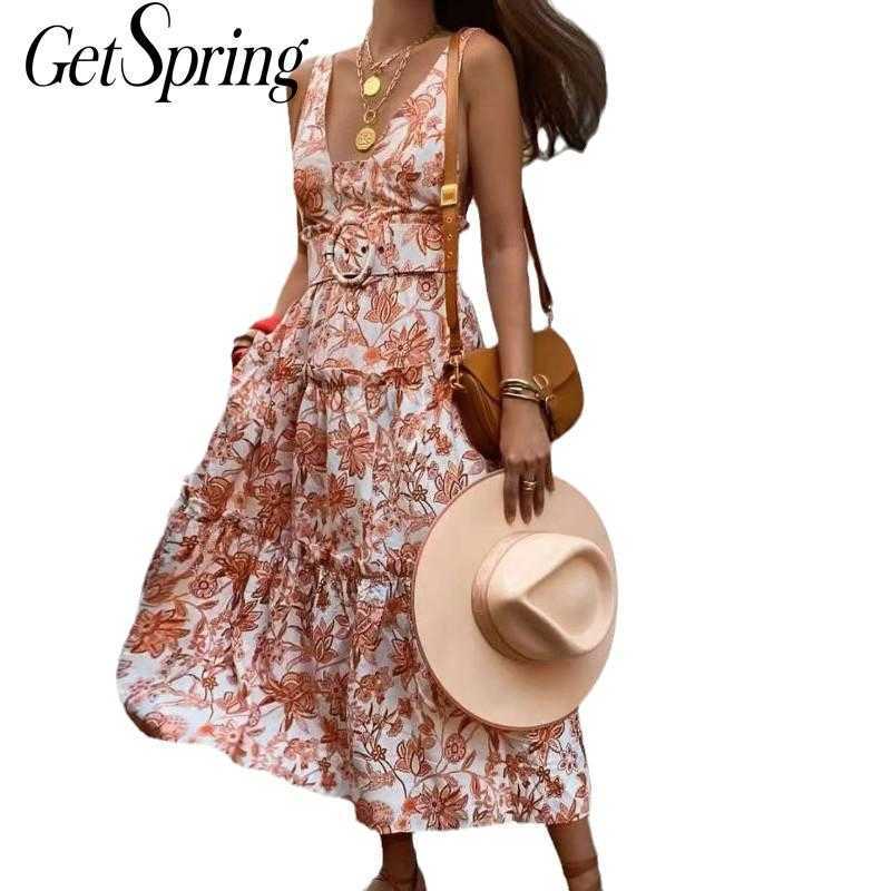 

Getspring Women Dress V-neck Sleeveless Printing Beach dresses Woman Ruffles Bandage Vintage Sexy Long Summer Dresses 210601