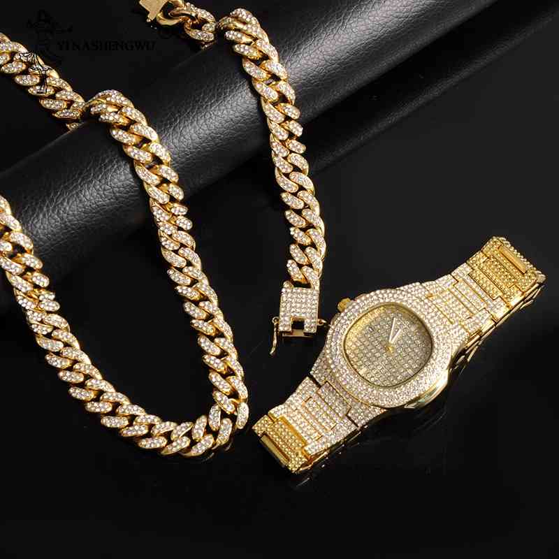 

Mens Watches Top Brand Luxury Iced Out Gold Watch+Necklace+Bracelet StainlSteel BusinWristwatch Men Hip Hop Jewelry X0509