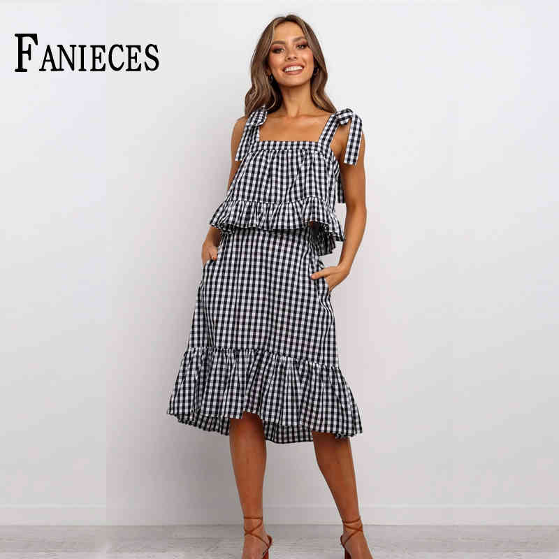 

Spring Summer Casual 2 Piece Set Strapless Plaid Tops And Midi Skirt Lace Up Bandage Suit Two Outfits ropa mujer 210520, Black
