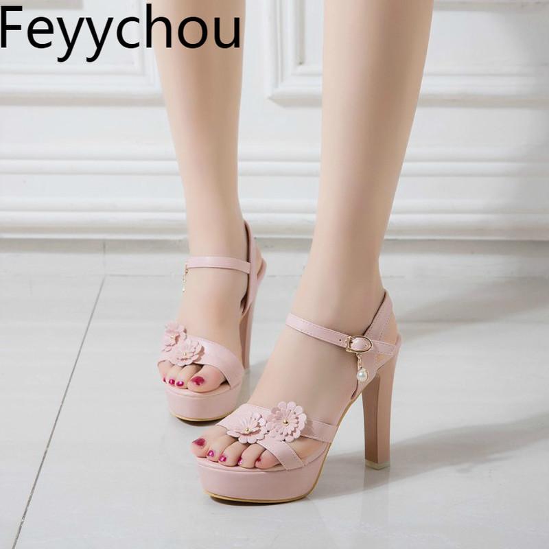 

Women Sandals Super High Heel Beach Shoes Summer Pu Flower Buckle Peep Toe Platform 2021 Fashion Casual Wedding Black White Pink