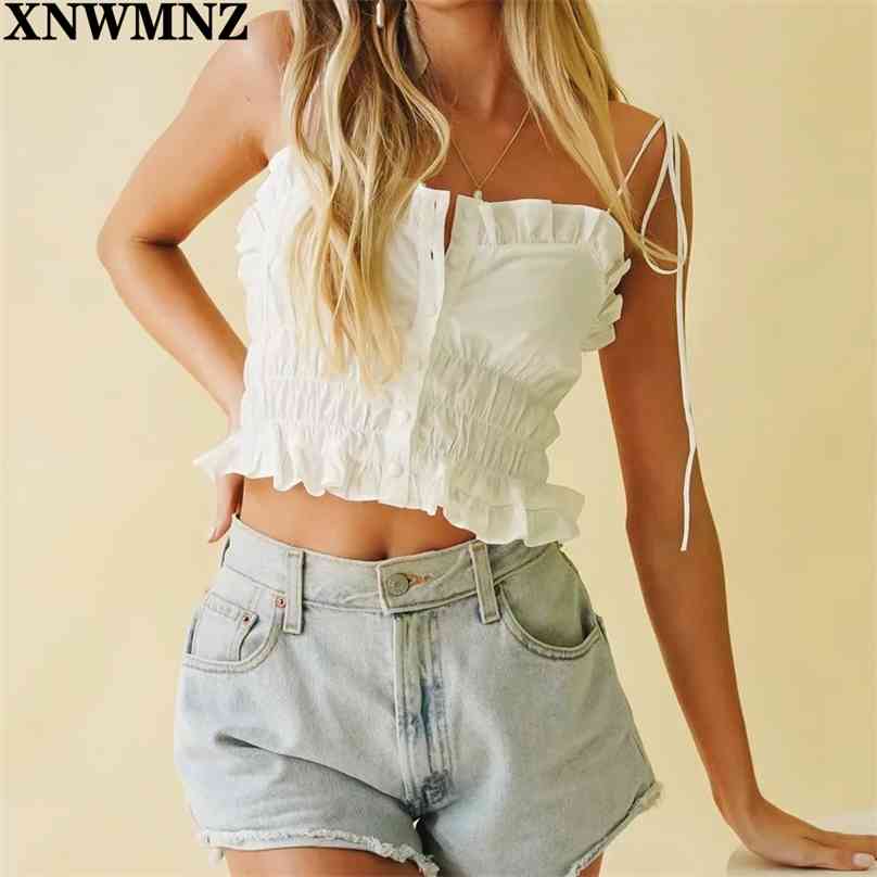 

Vintage Slim Ruffles Women Top Adjust Spaghetti Straps Woman Camis Fashion Front Buttons Green chic Tank 210520