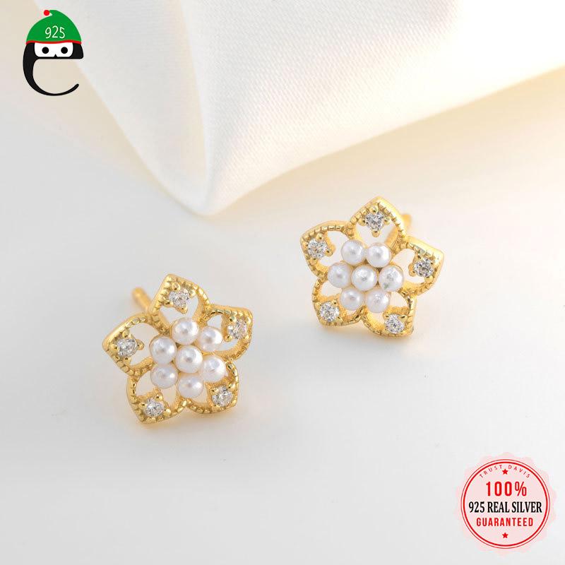 Stud ElfoPlataSi Real 925 Sterling Silver Fashion Synthesis Pearl Flower CZ Charm Earring For Women Wedding Fine Jewelry DD1242-image-710236836